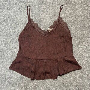 H&M Womens Camisole Cami Top Brown Paisley Sleeveless Strap V Neck Lace Trim 10